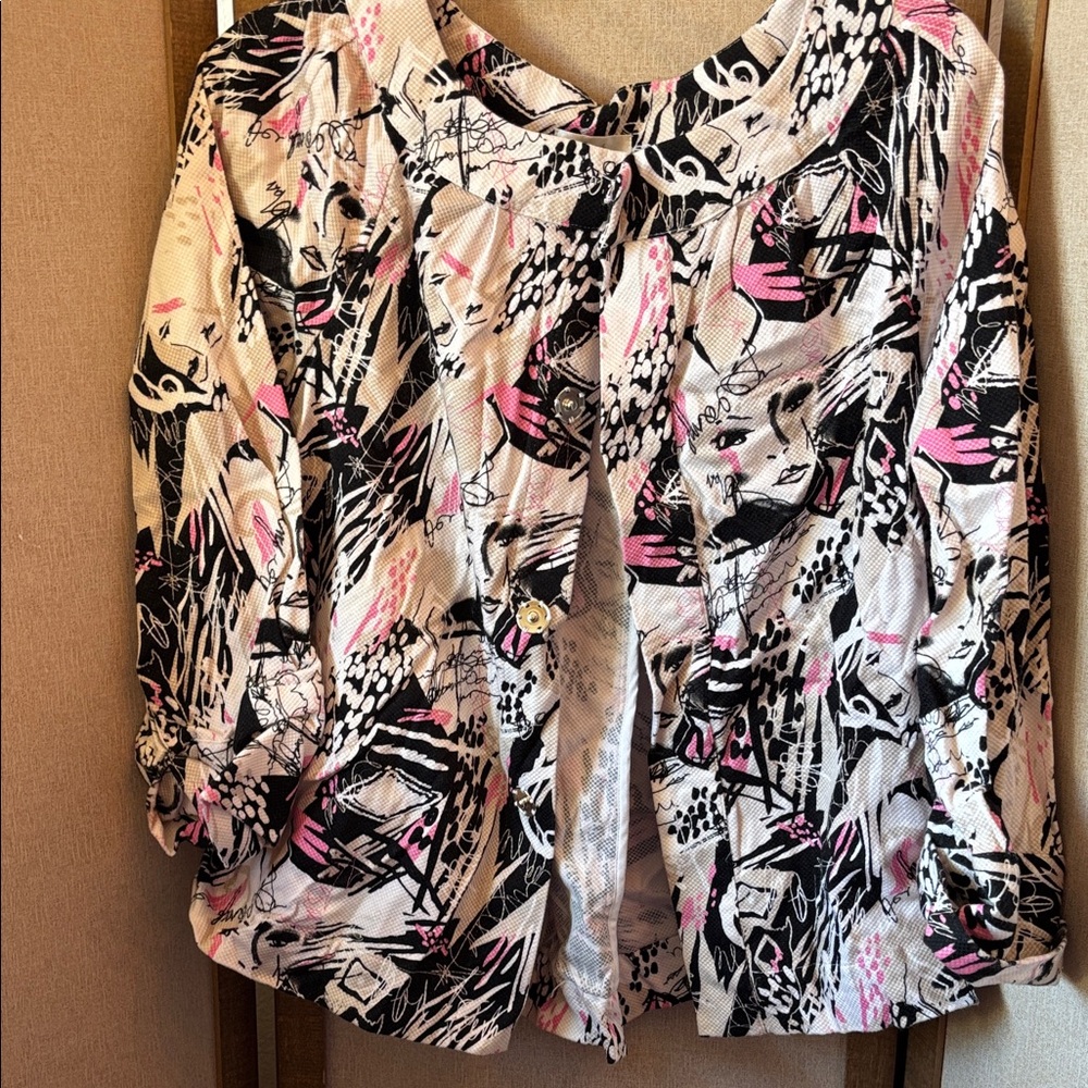 Christopher & Banks Black and Pink Abstract snap front Jacket xl
